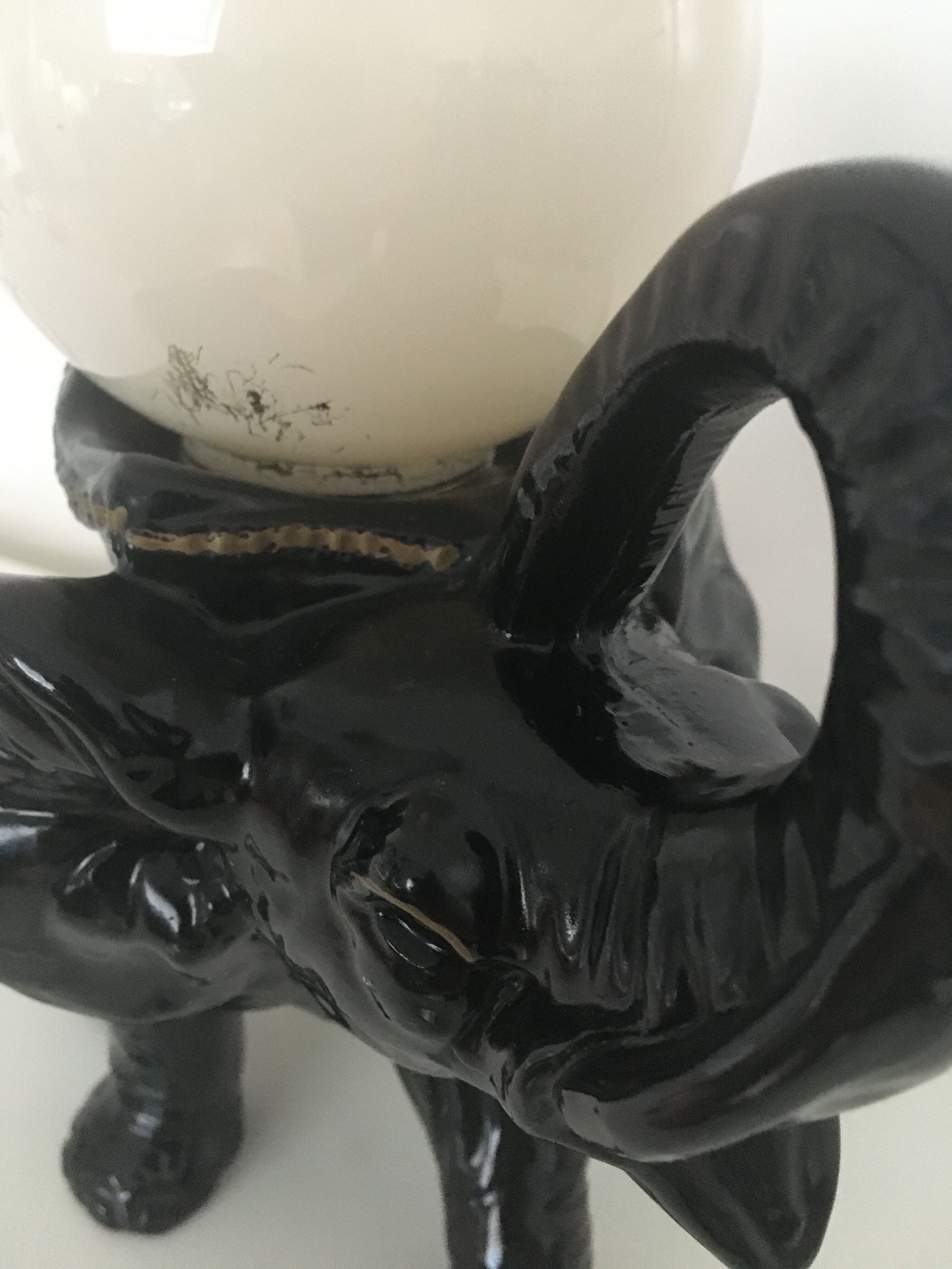Black ceramic elephant lamp and white opaline ball 1970
