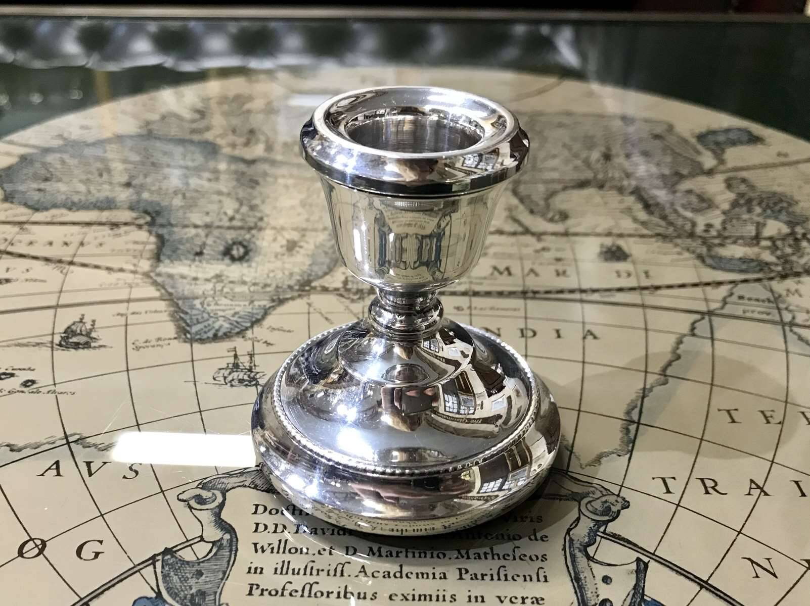 Small English silver metal candle holder from the 1950s