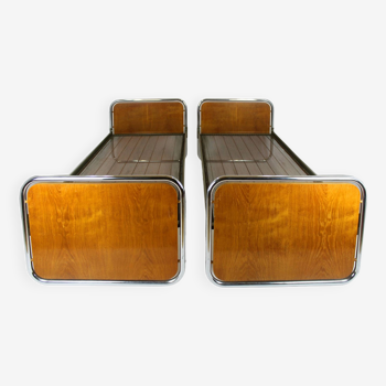 Bauhaus Oak & Tubular Steel Beds, 1940s, Set of 2