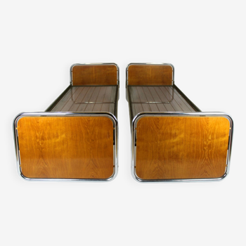 Lits Bauhaus en Chêne et Acier Tubulaire, 1940s, Set de 2