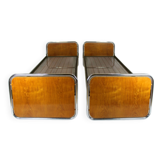 Bauhaus Oak & Tubular Steel Beds, 1940s, Set of 2