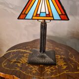 old art nouveau lamp, edgar brandt, tiffany style lampshade 37x28