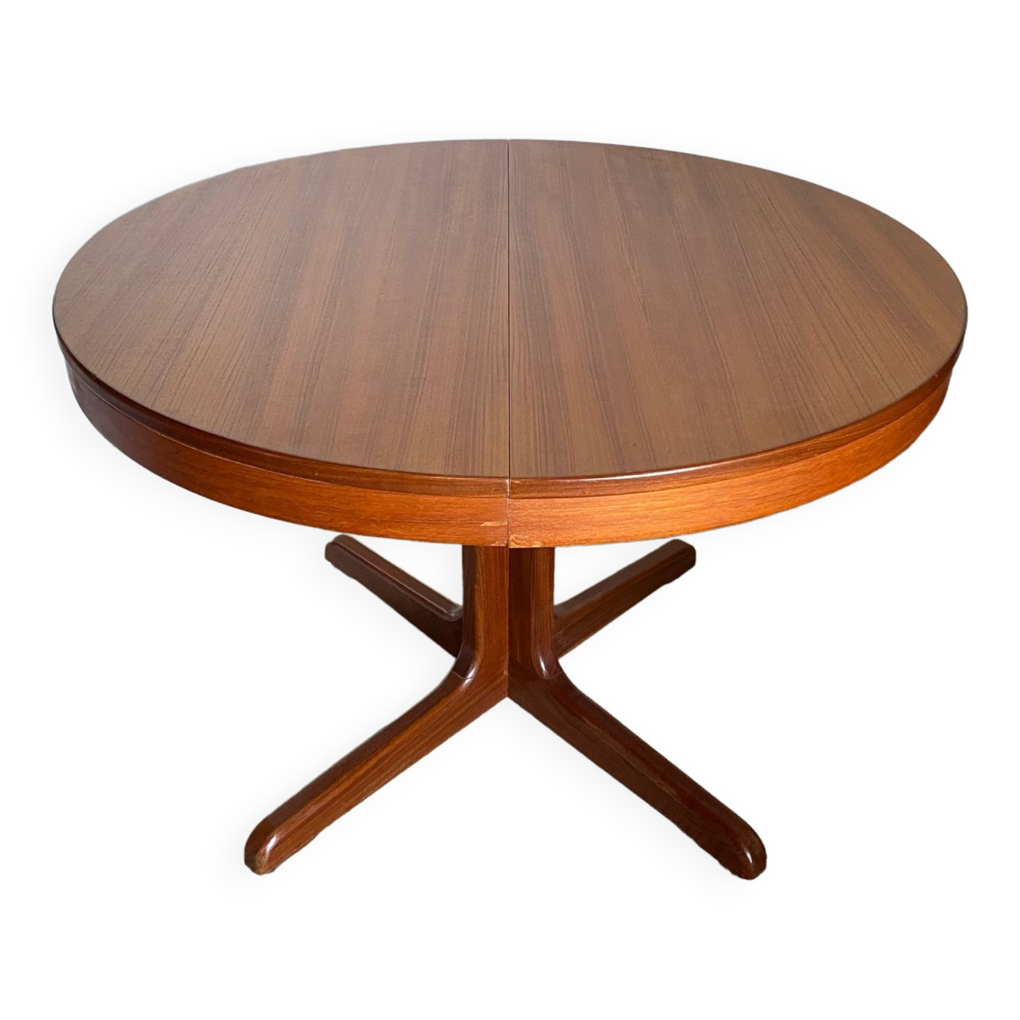Table ronde dia 116cm extensible type Scandinave en teck et placage de teck an 1960