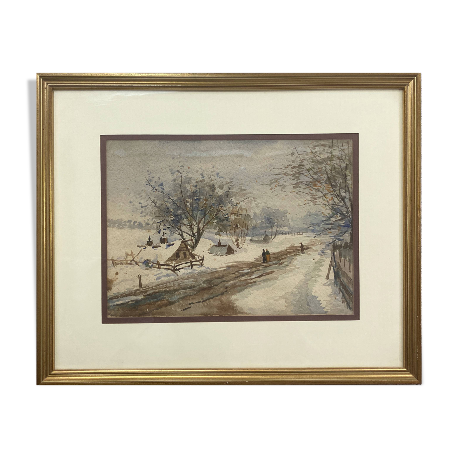 Old watercolor painting "Snow landscape" + frame