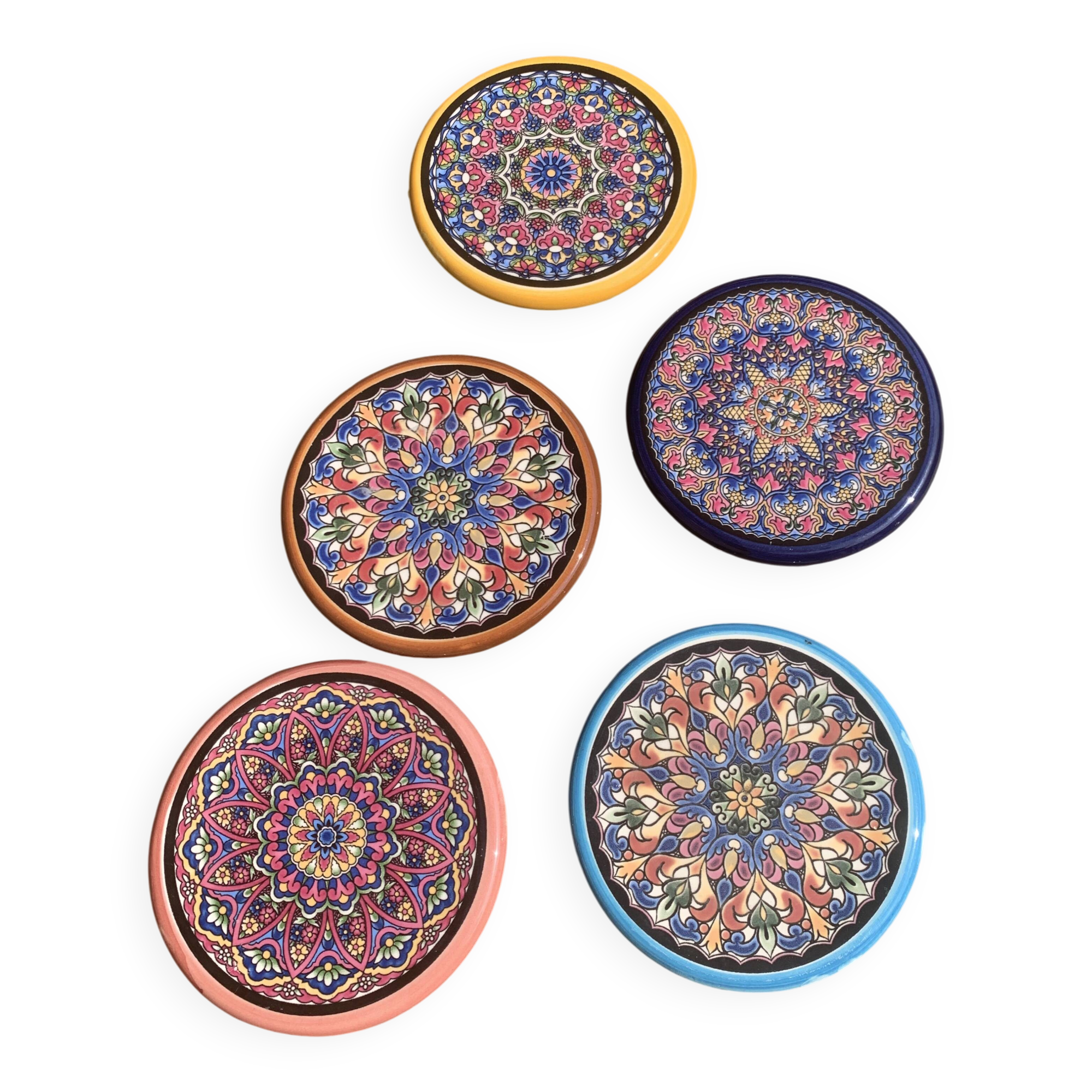 5 vintage handcrafted enameled ceramic coasters