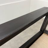 Living room sofa and brutalist armchairs in leather and wood, 70s, chalet style