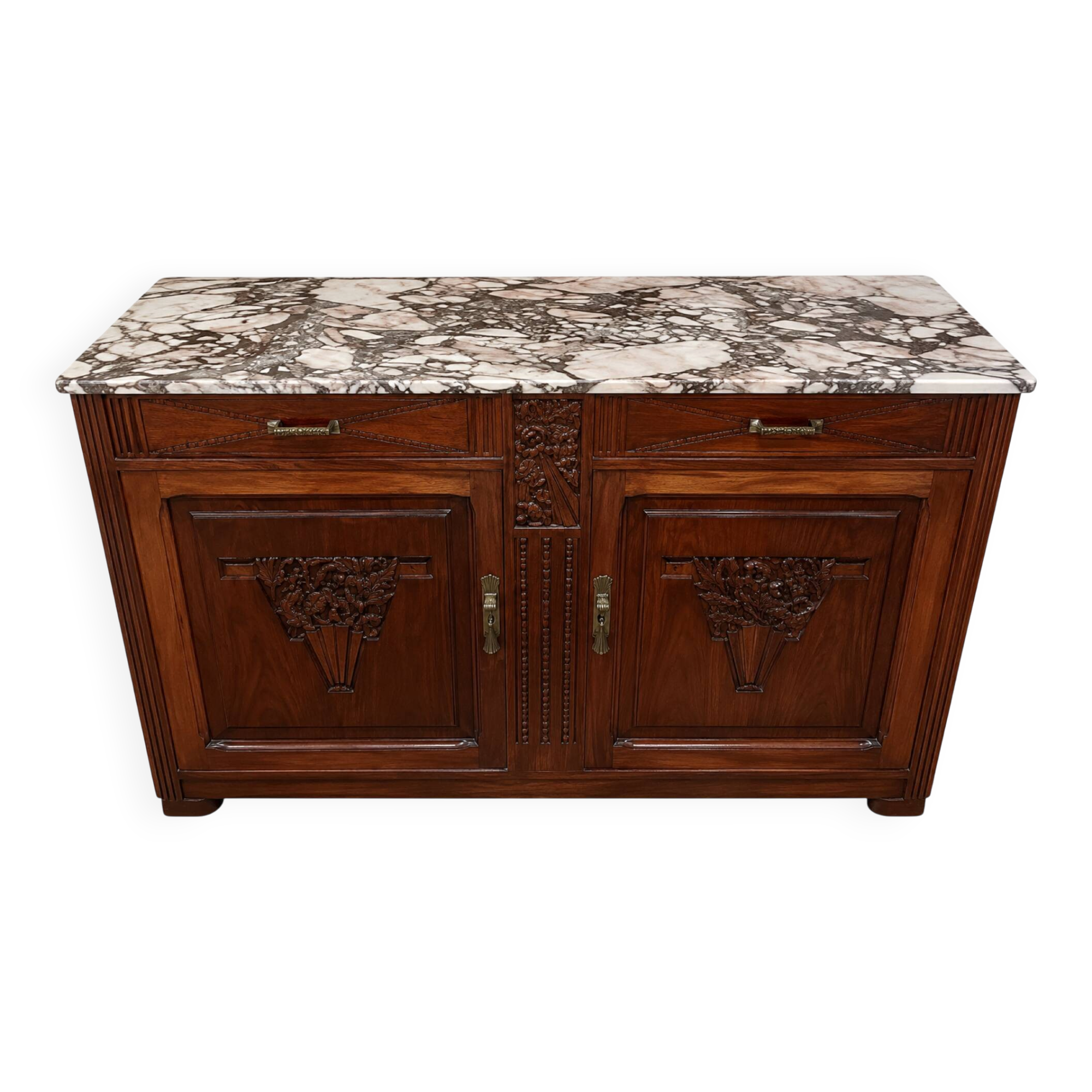 Buffet Art Déco en chêne sculpté et marbre d’origine, années 1930