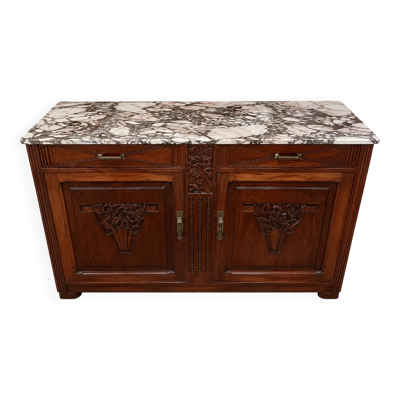Buffet Art Déco en chêne sculpté et marbre d’origine, années 1930