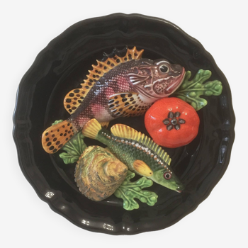 Assiette trompe l'oeil - barbotine - poissons - céramique vintage - relief