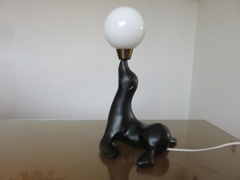 Lamp " black sea lion " white opaline ball 70s