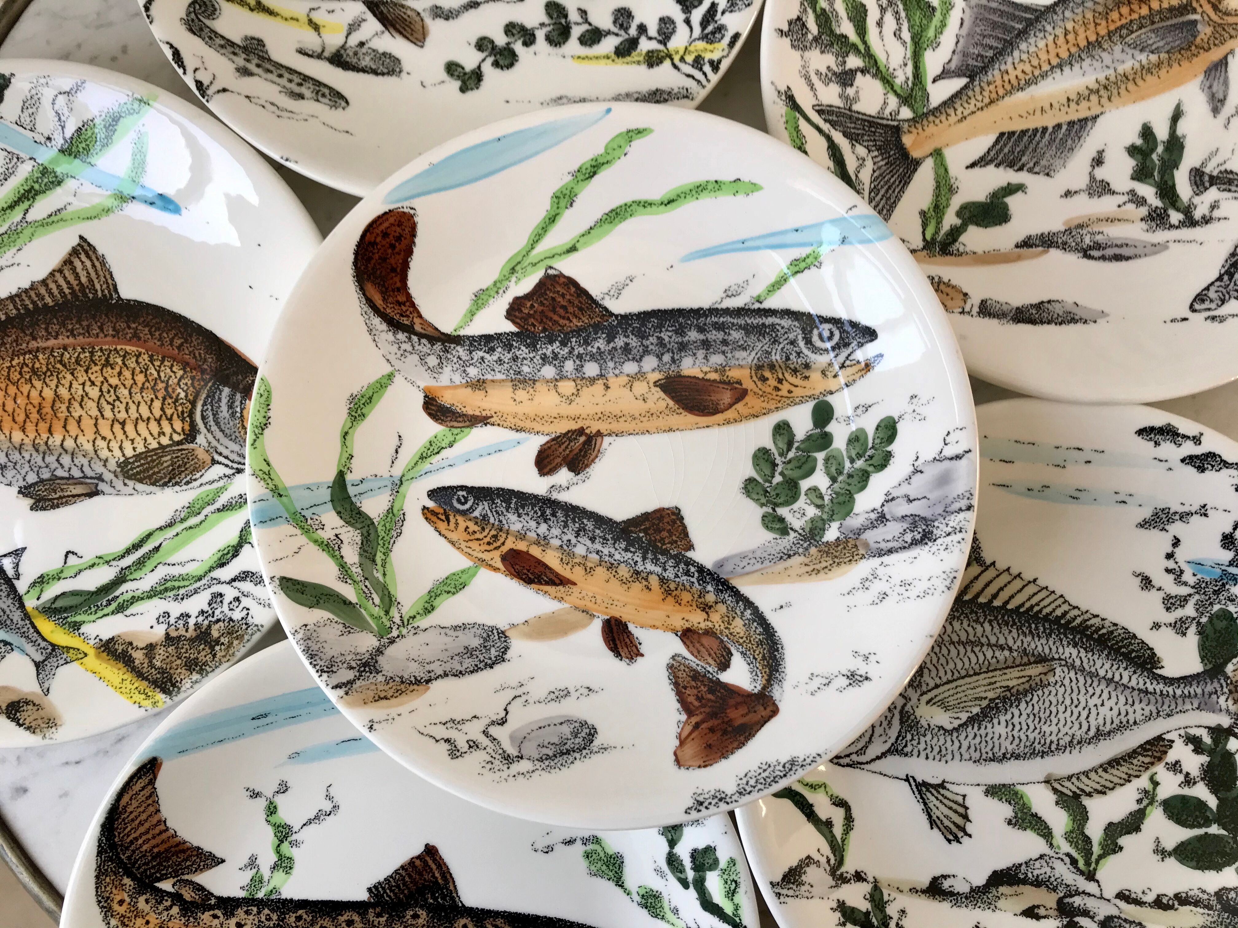 Lot de 6 assiettes plates poissons Gien Chambord années 50