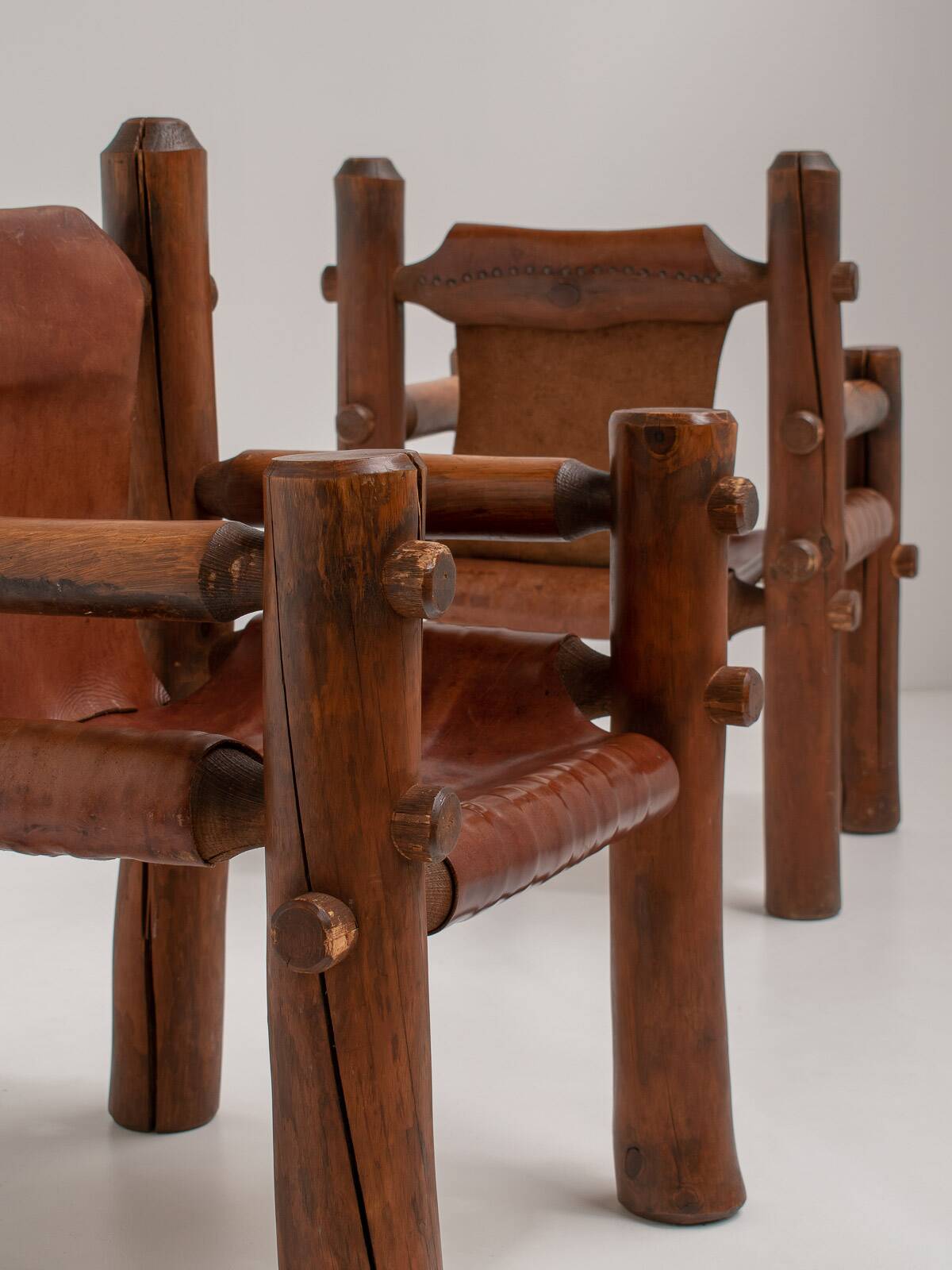 Brutalist Armchairs in Saddle Leather, Hungary, 1970s