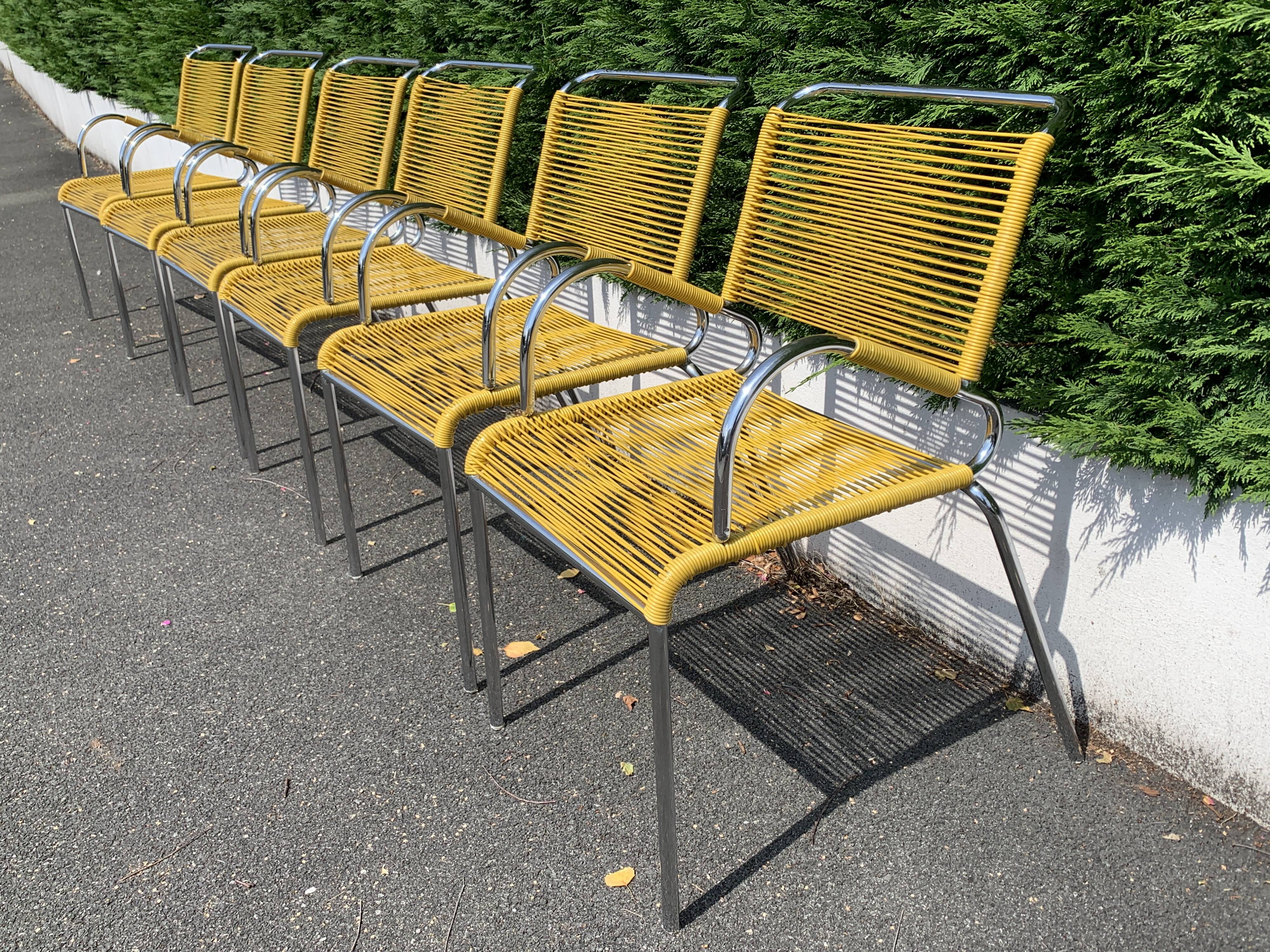 6 yellow and stackable armchairs, scoubidou by Dupré Perrin