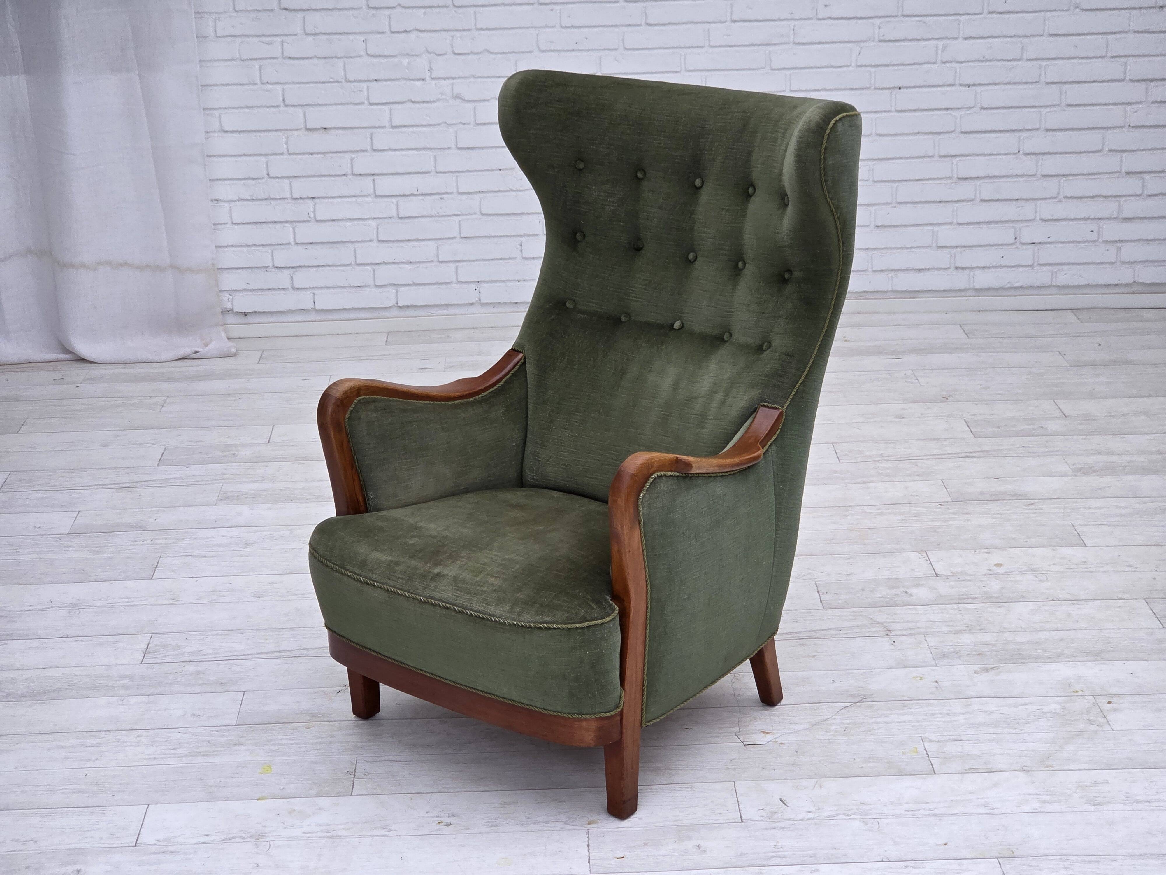 1960s, Danish highback armchair, green furniture velour, teak wood.