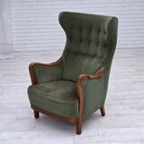 1960s, Danish highback armchair, green furniture velour, teak wood.