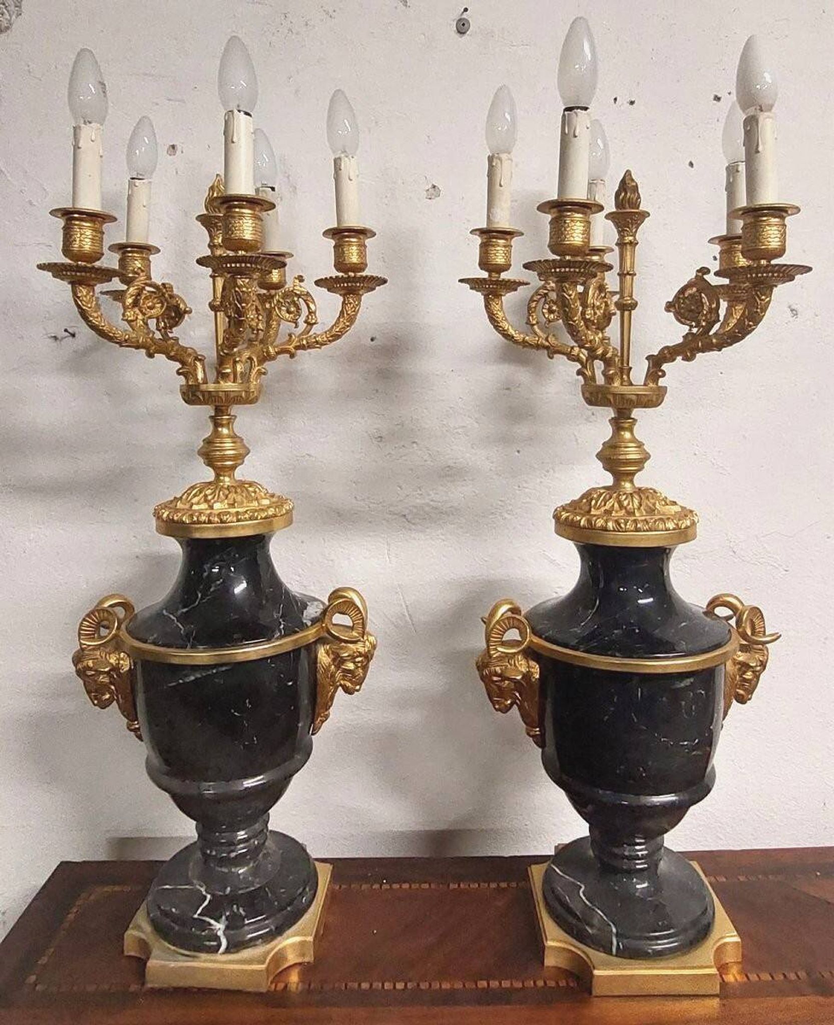Antique Lumi pair of large marble and mercury-gilt bronze candelabras