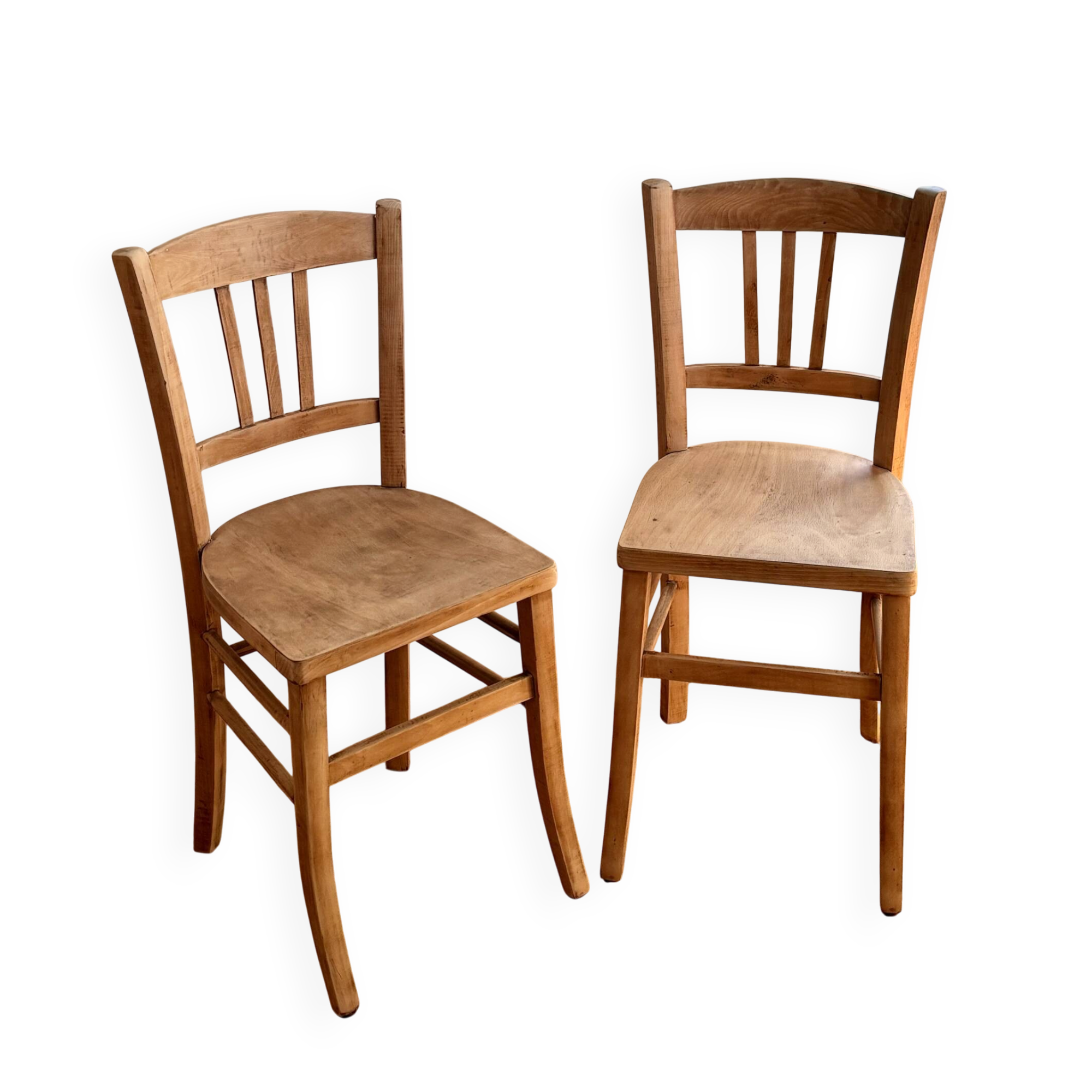Set of 2 vintage bistro chairs in raw wood.