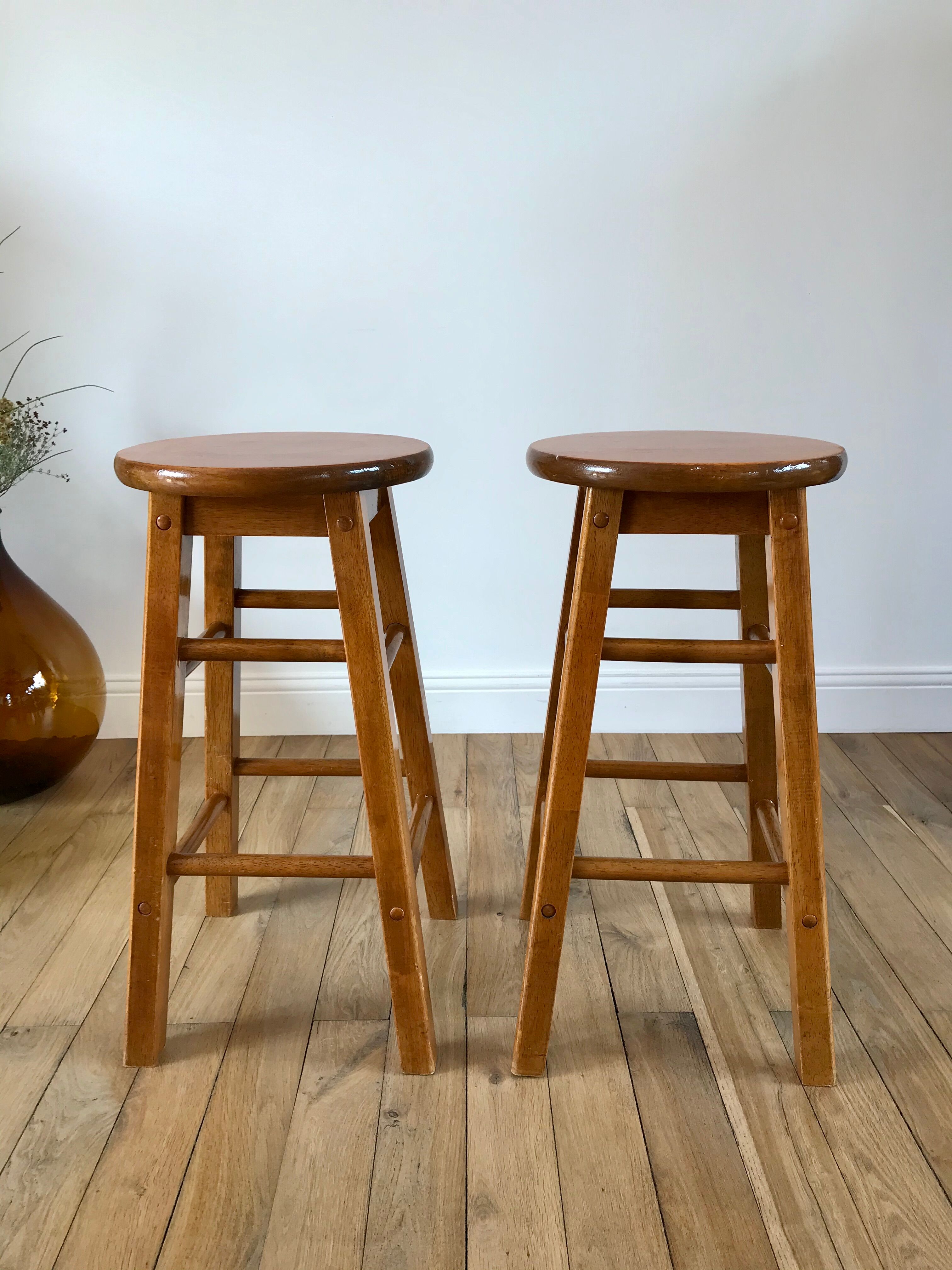 Pair of high stools / bar varnished wood 60-70s