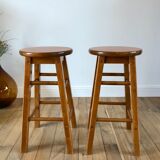 Pair of high stools / bar varnished wood 60-70s