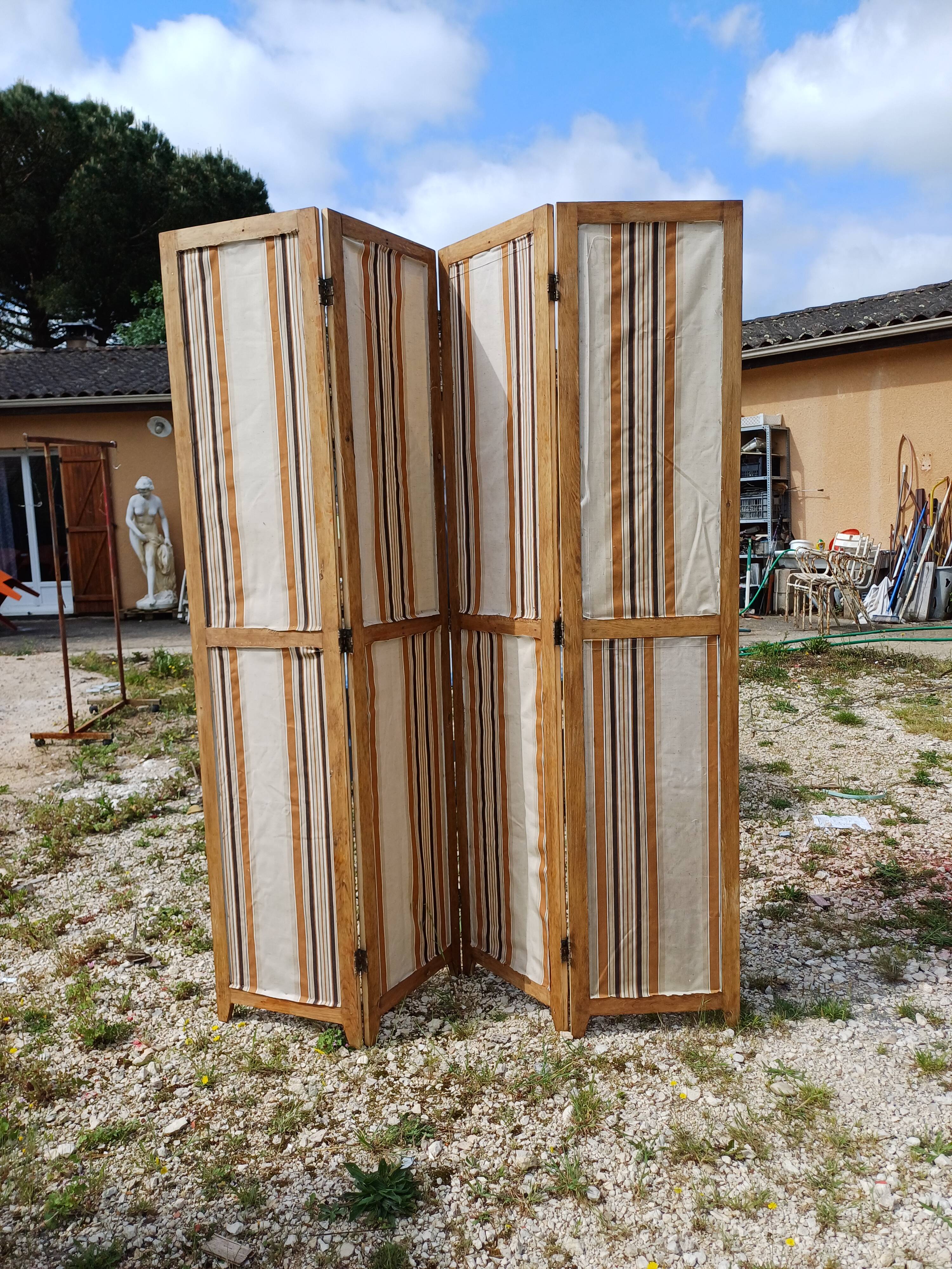 Paravent 4 Vantaux Bois et Tissus Vintage