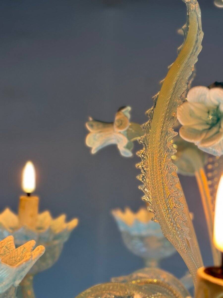 Venetian Chandelier In Murano Glass Two Tones Of Blue, Circa 1940, 8 Arms Of Light