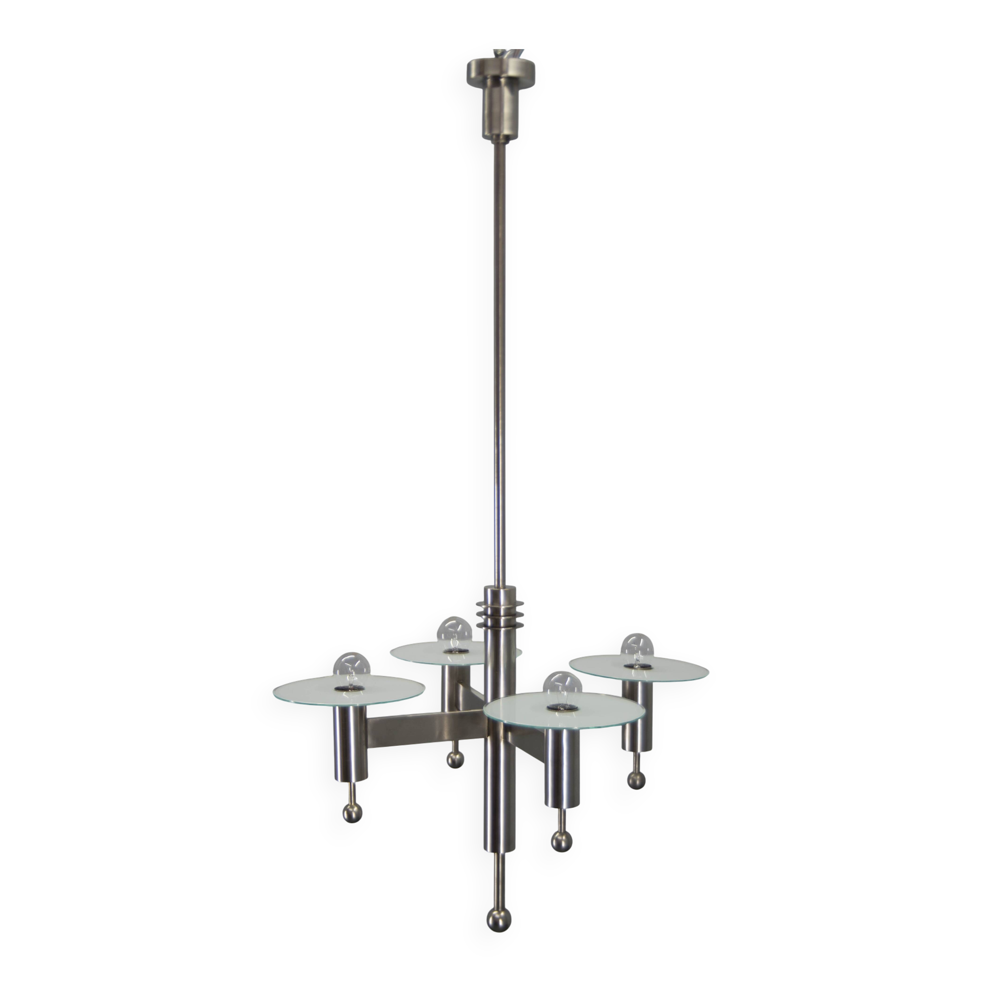 Machine Age Nickel-Plated 4-Flamming Chandelier, 1920s
