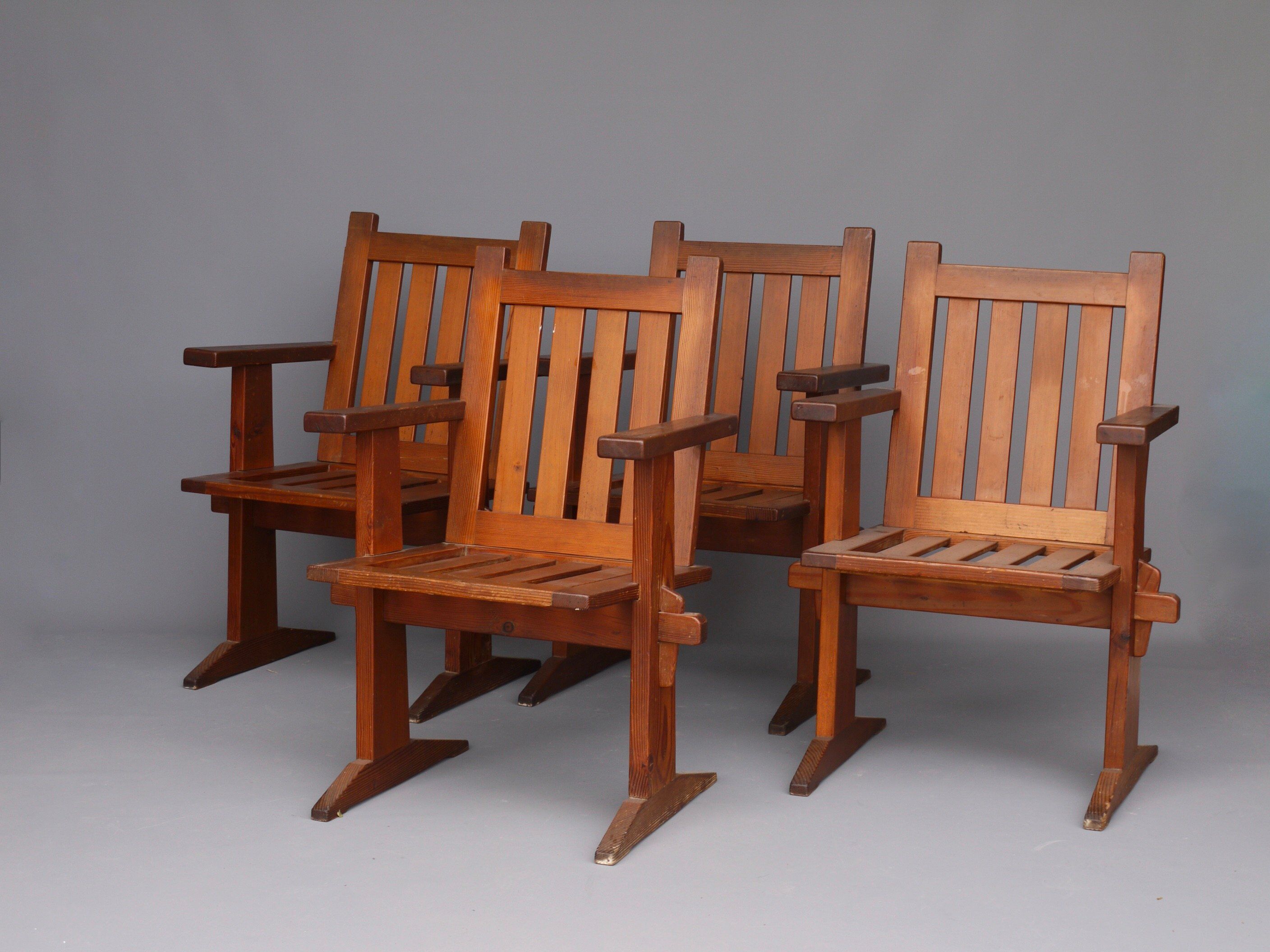 Set of four pine Scandinavian armchairs 1930