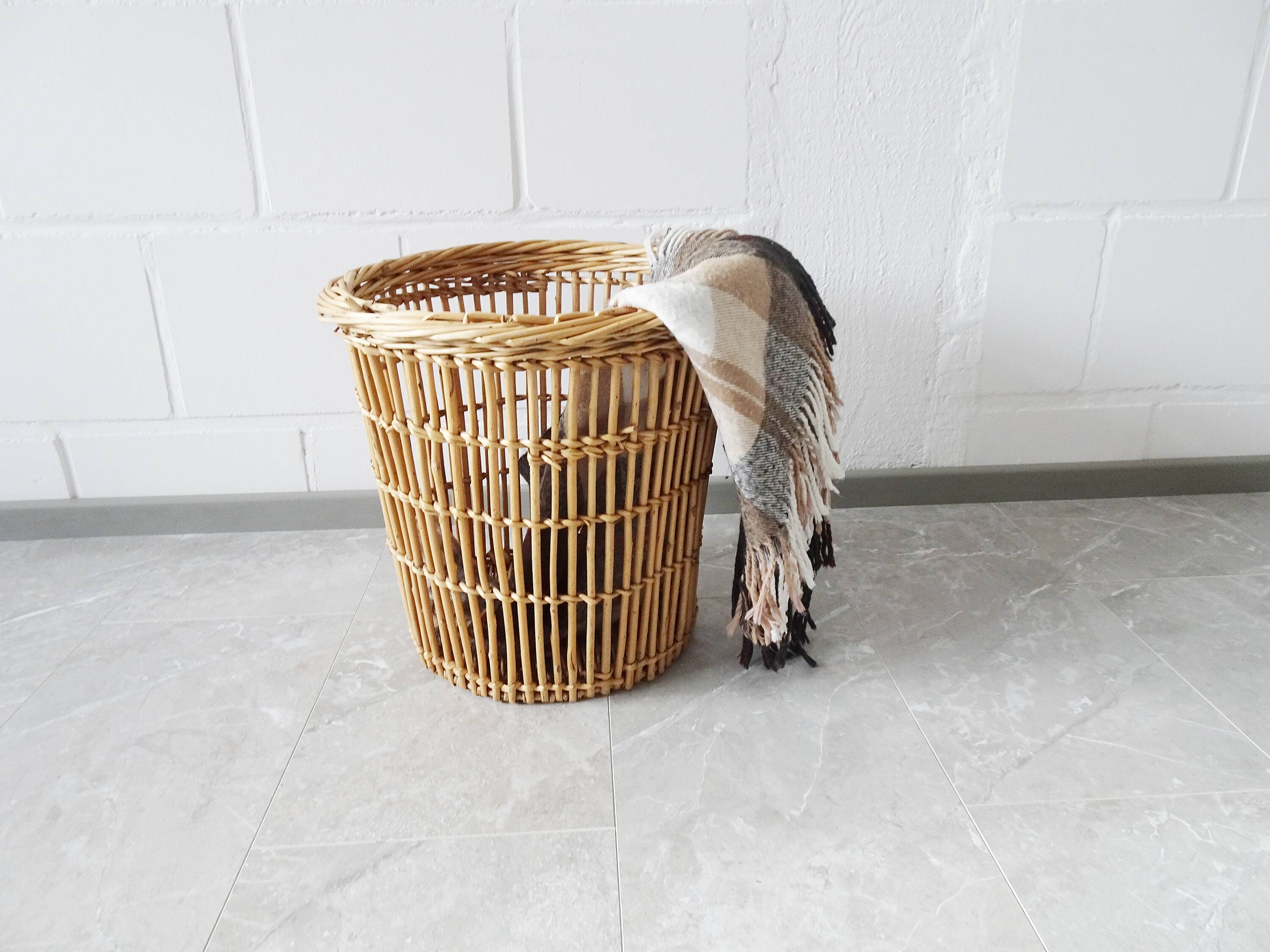 big rattan wastebasket, wicker basket, bamboo basket
