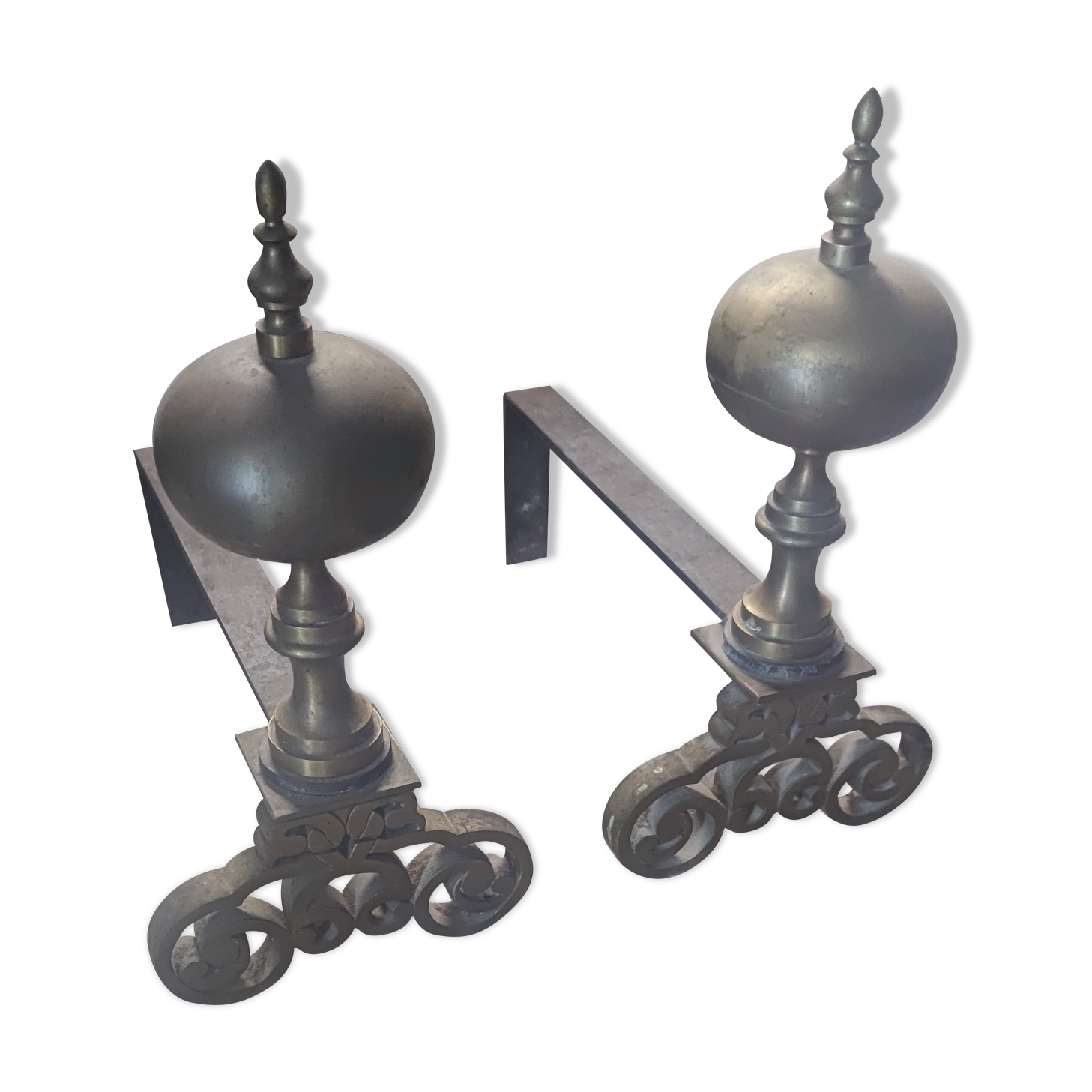 Pair of bronze and steel andirons, 19th century, Holland