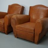 Pair of French club chairs with moustache back in cognac leather, 1950s