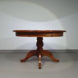 70s pine wood dining table / wood column leg table in 4-leg design with round top