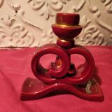 Pair of vintage ceramic candle holders, hand-painted in red and gold.