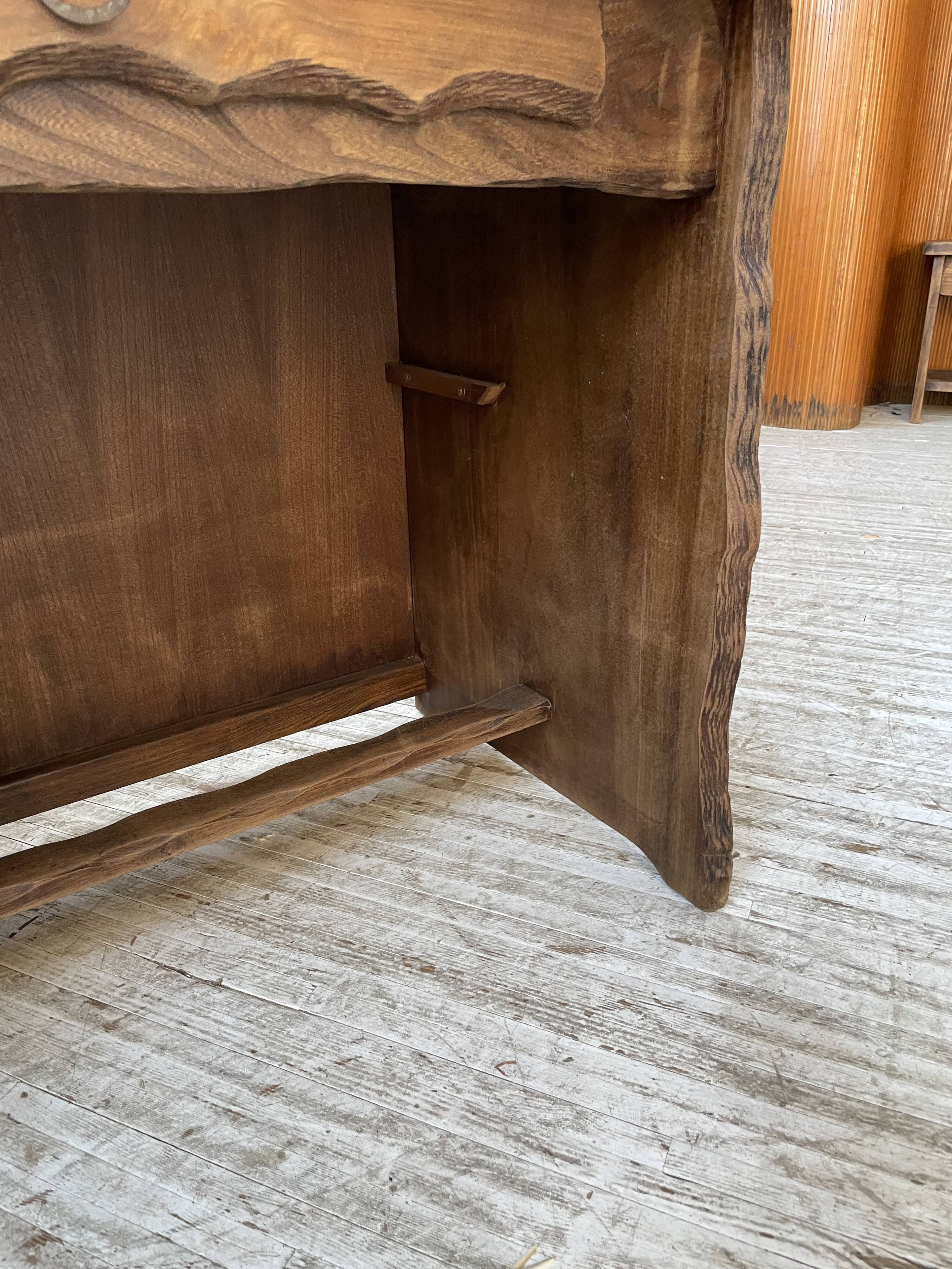 Brutalist desk in elm, signed Aranjou.