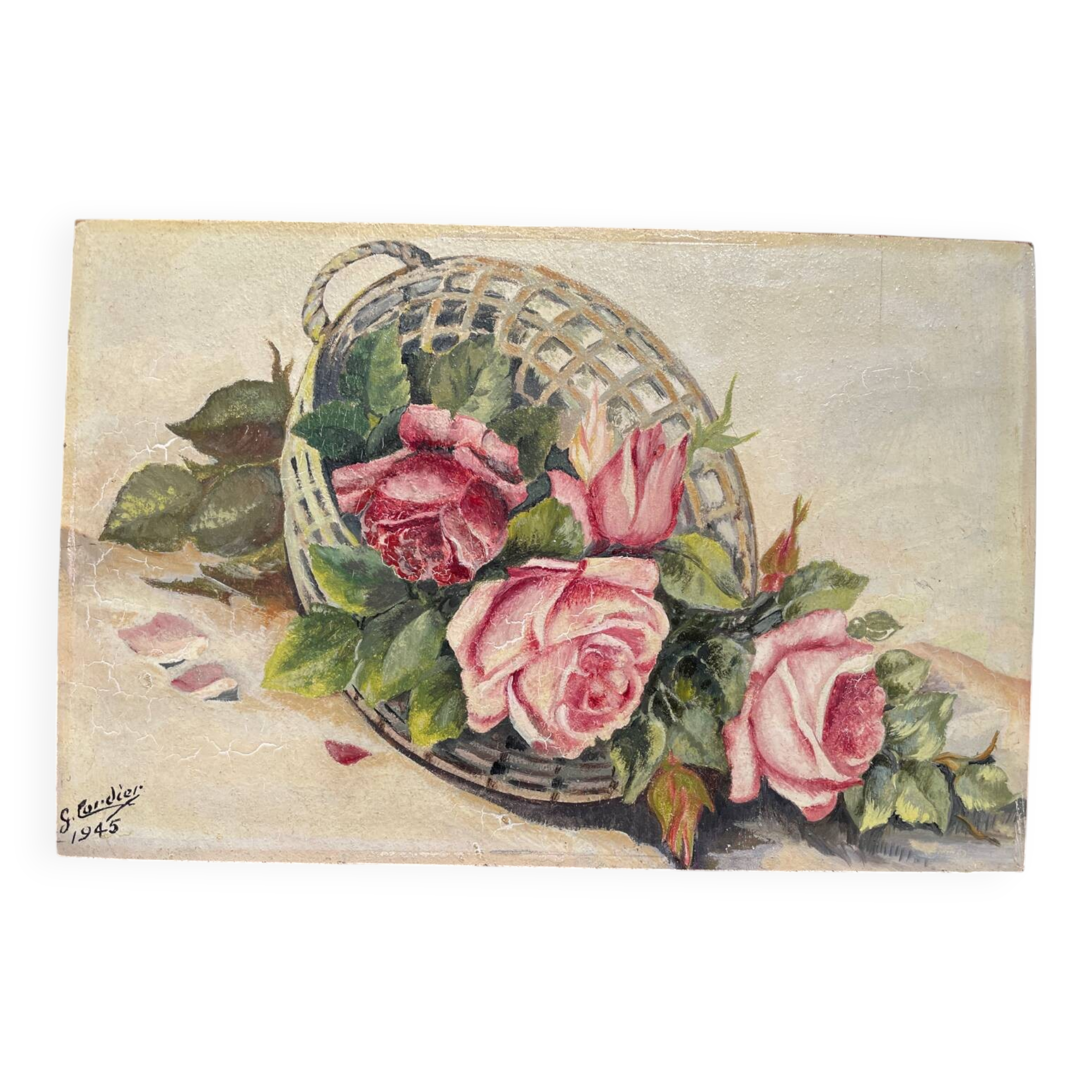 Painting basket of roses bouquet 1945 signed