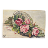 Painting basket of roses bouquet 1945 signed