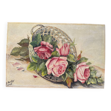 Painting basket of roses bouquet 1945 signed