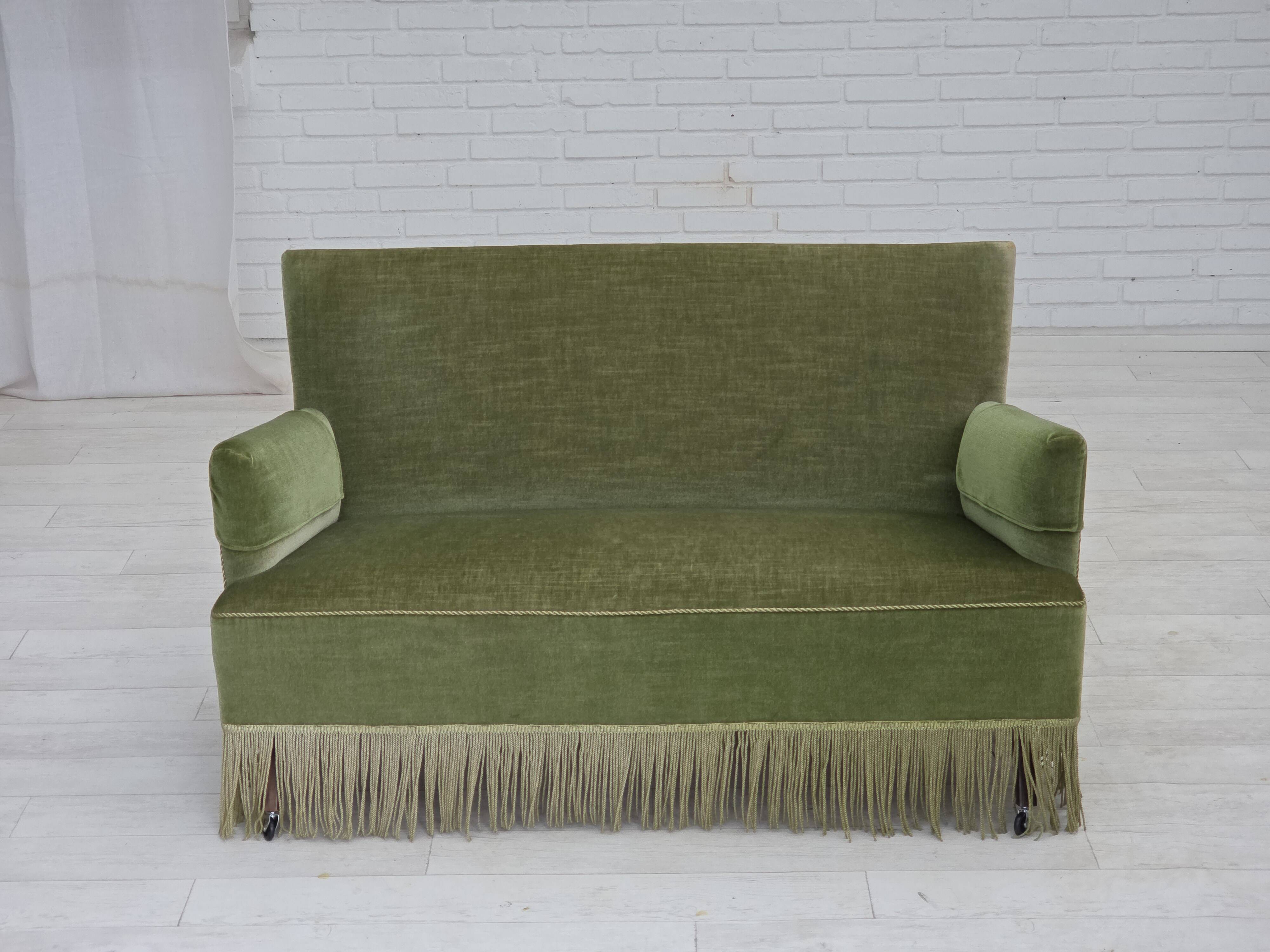 1970s, Danish 2-seater sofa, green furniture velour, beech wood legs.