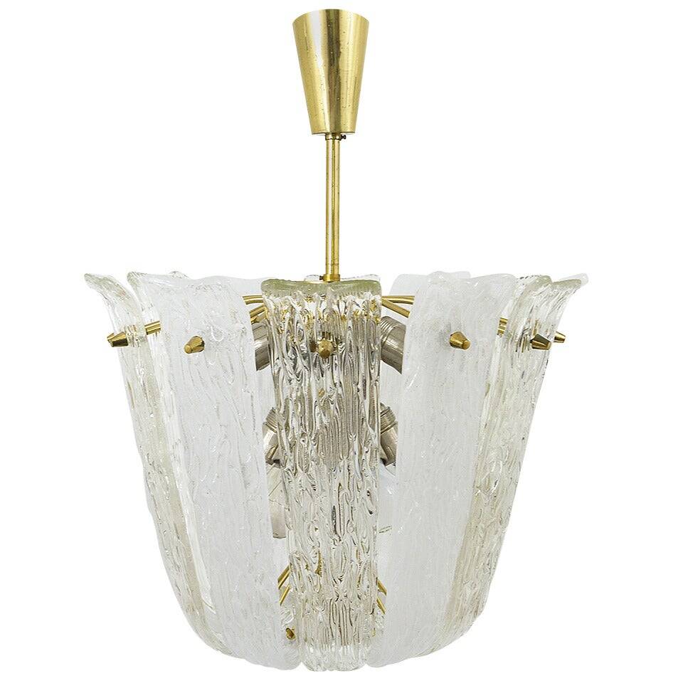 J.T. Kalmar Mid-Century Brass and Textured Glass Suspension Basket, Austria, 1950s