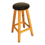 Tabouret de bar vintage en bois : assise en cuir noir, style bistrot des années 50