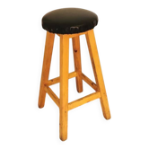 Vintage Wooden Bar Stool: Black Leather Seat, Mid-Century Bistro Style