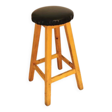 Tabouret de bar en bois vintage : siège en cuir noir, style bistro des années 50