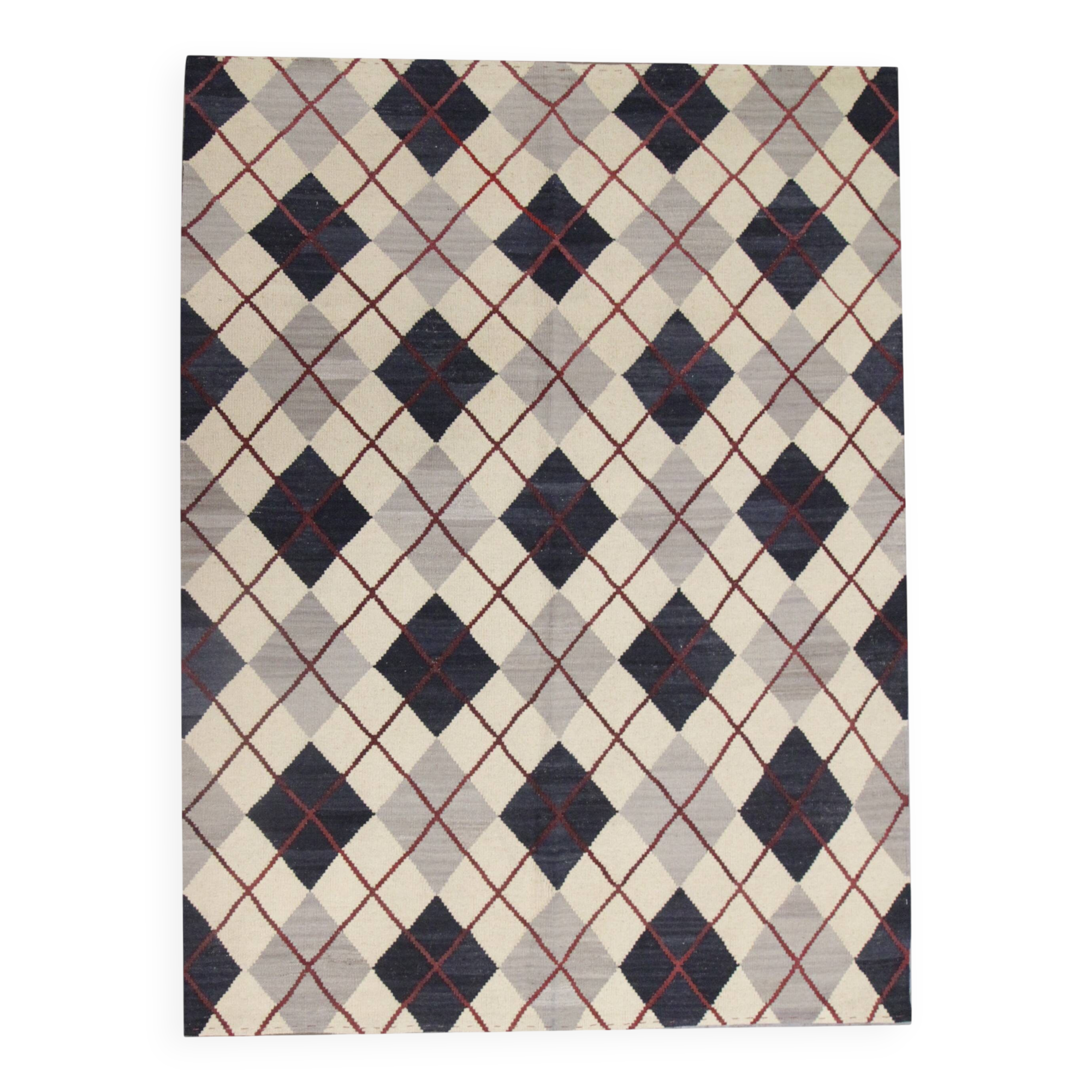 Cream Navy Wool Kilim Rug, Modern Check Diamond Flatweave Carpet 192x160cm