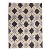 Tapis Kilim en laine crème et marine, motif carreaux losanges moderne, tissage plat, 192 x 160 cm
