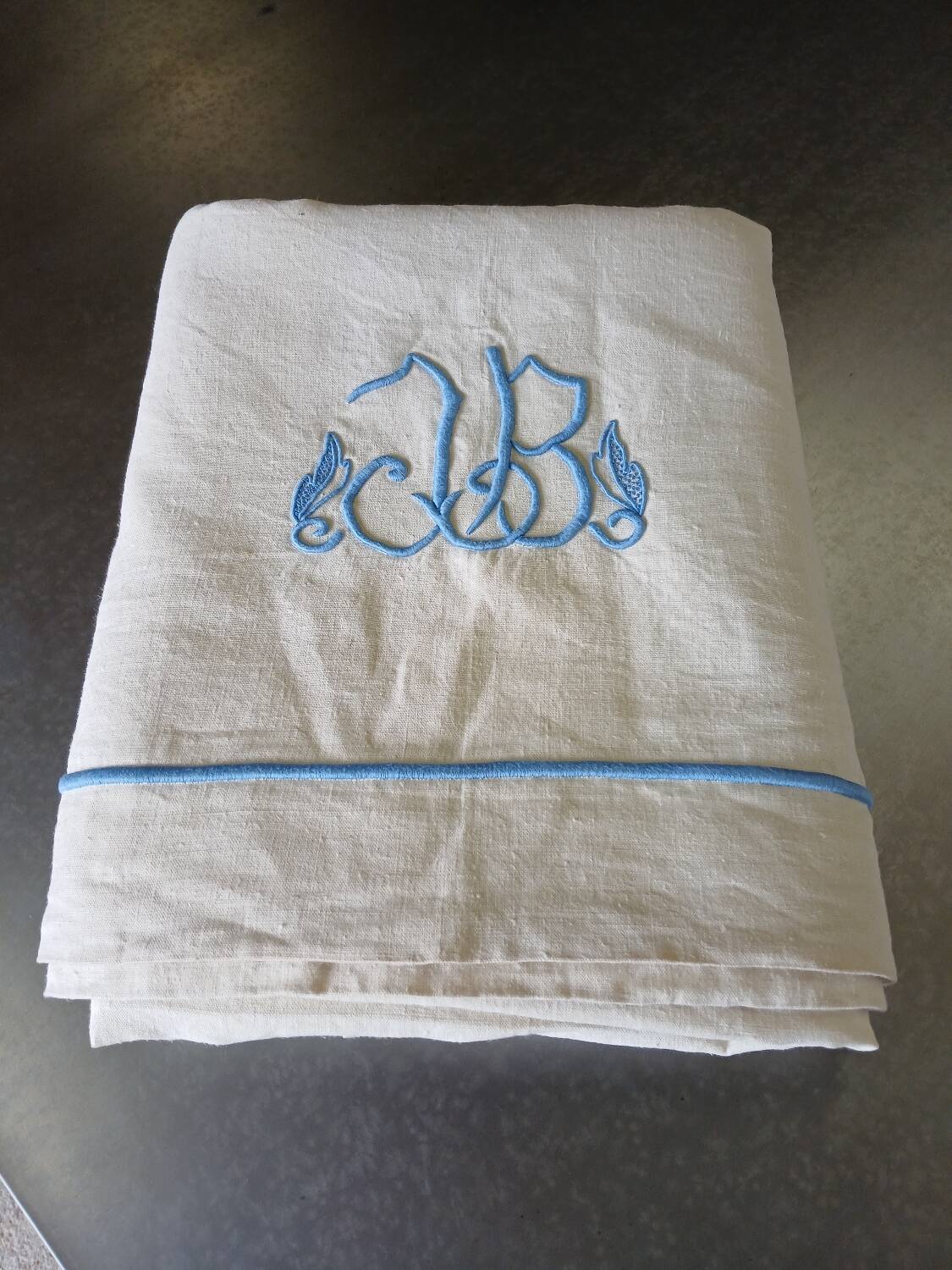 Antique linen sheet with JB embroidery