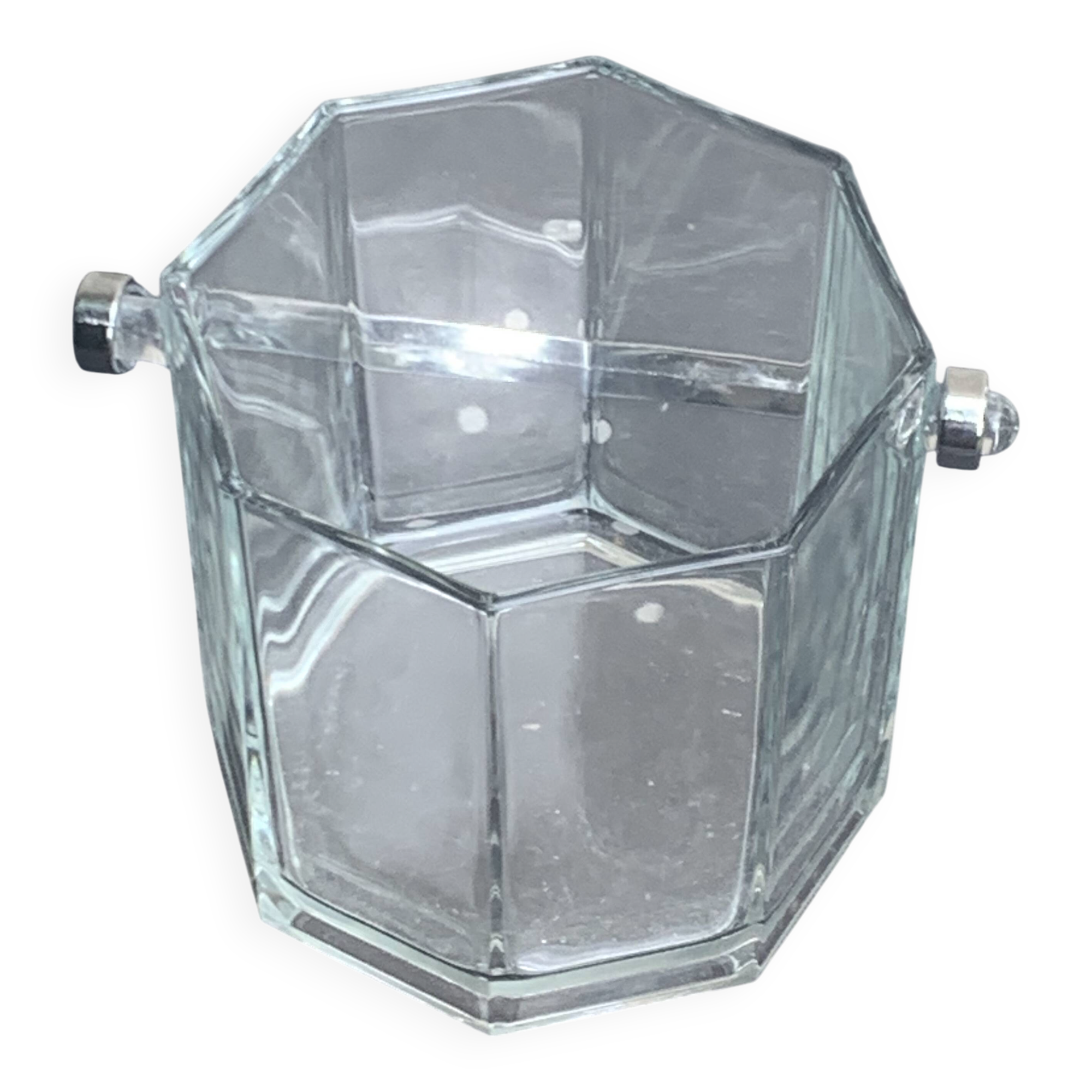 Ice bucket made in France in transparent faceted glass, stainless steel handle