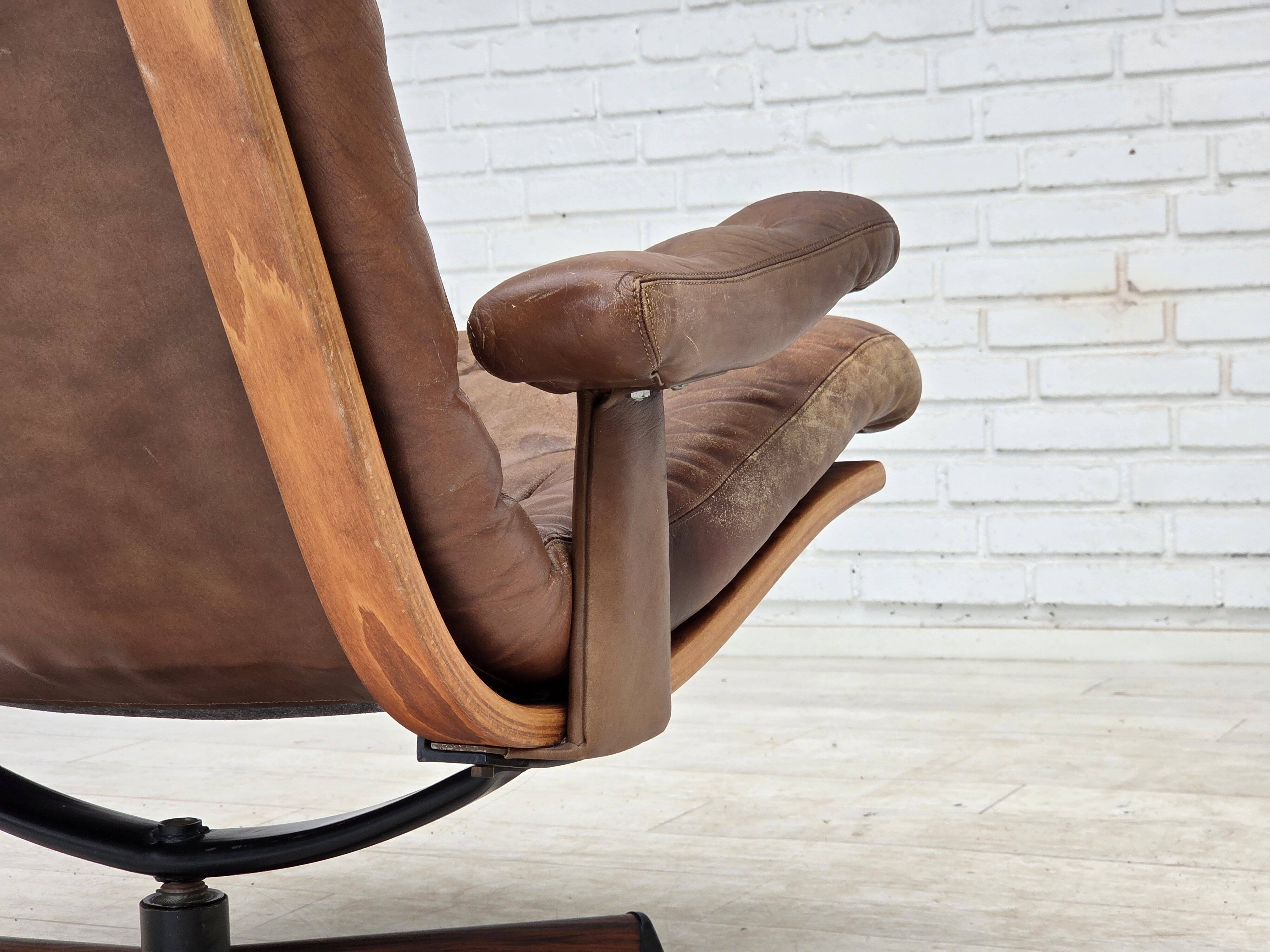 1960s, Scandinavian swivel armchair, brown furniture leather.