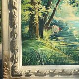 Oil on canvas, Cows drinking in a shady river in beautiful molded frame signed Wassang