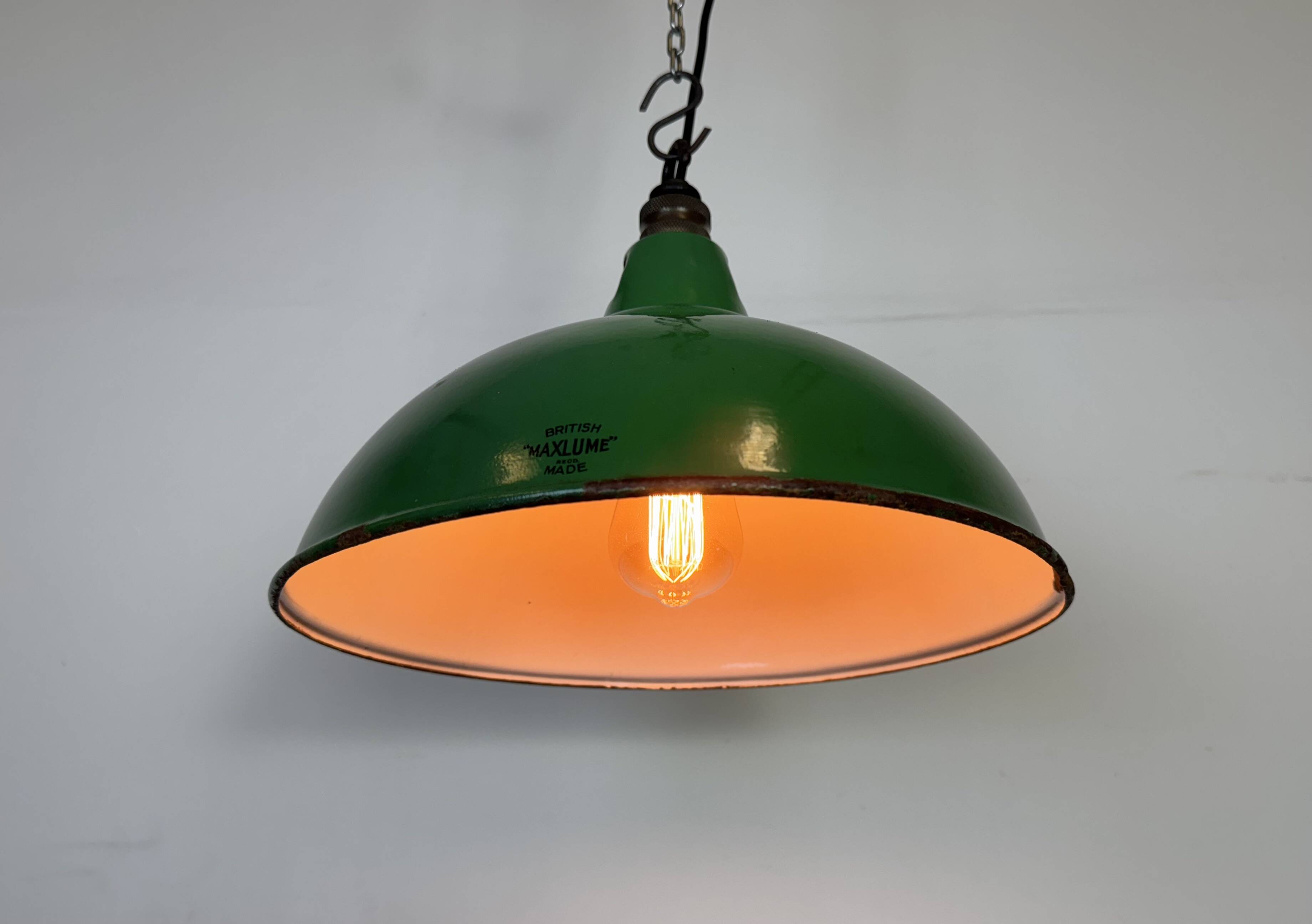 Industrial British Green Enamel Factory Pendant Lamp from Maxlume, 1960s