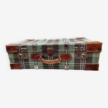 Old suitcase leather and tartan fabric Bazar Castano Valencia Spain