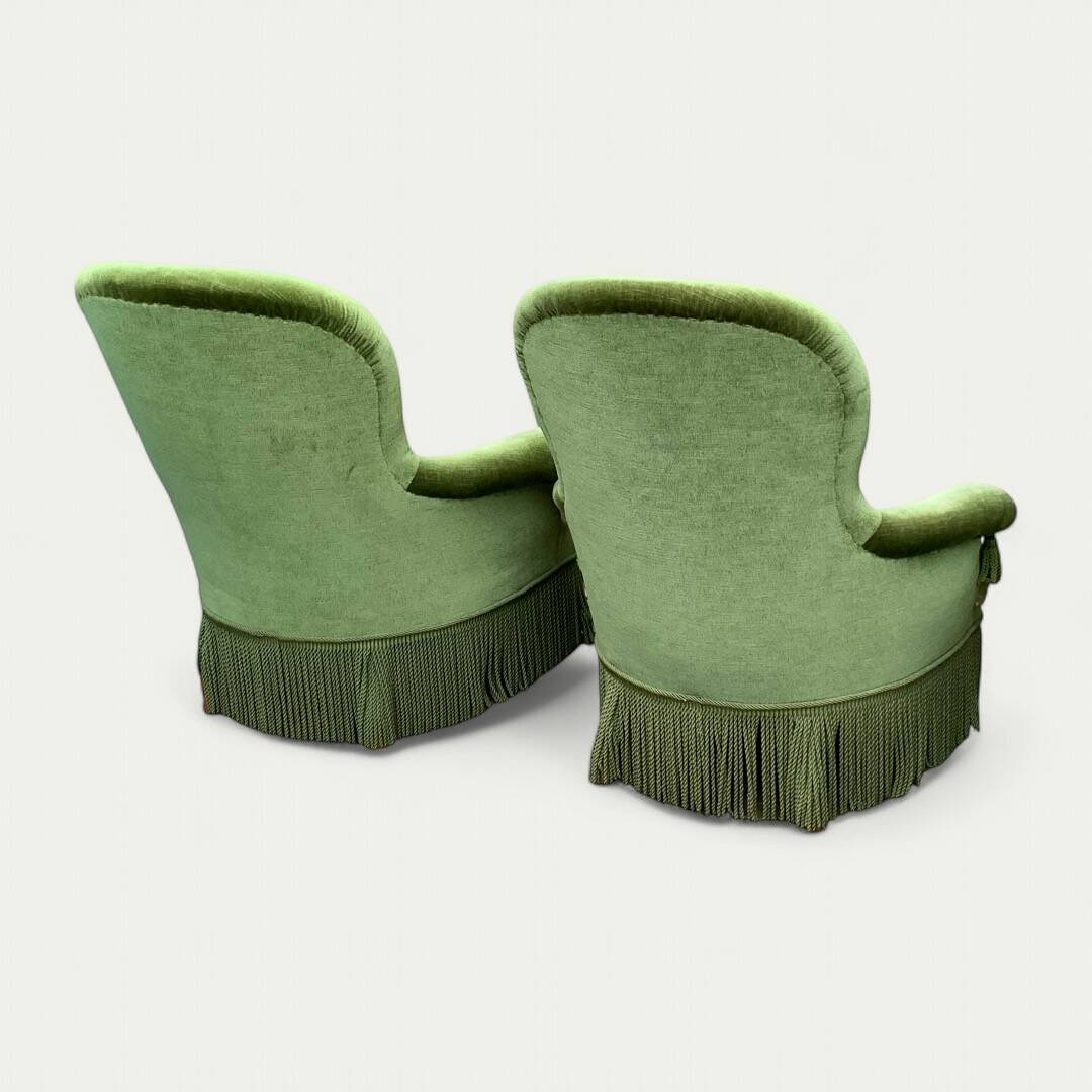 Pair of olive green velvet toad armchairs